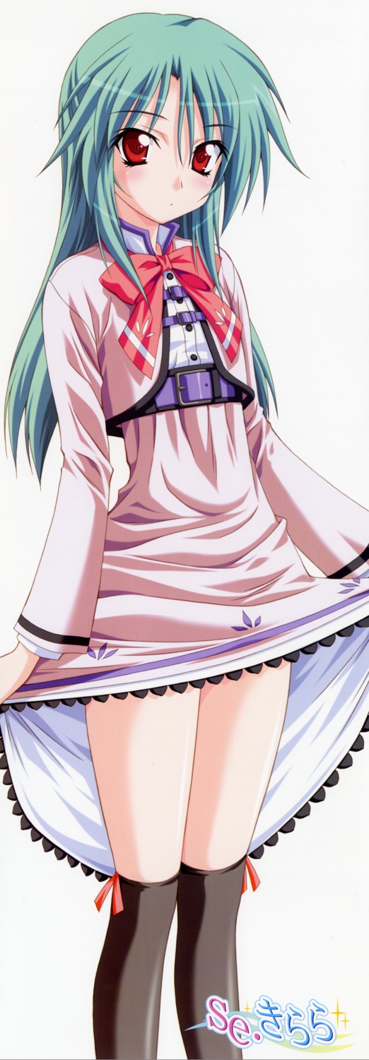 akiyama_nozomi, hirayama_madoka, native, se.kirara, seifuku, skirt_lift, stick_poster, thighhighs