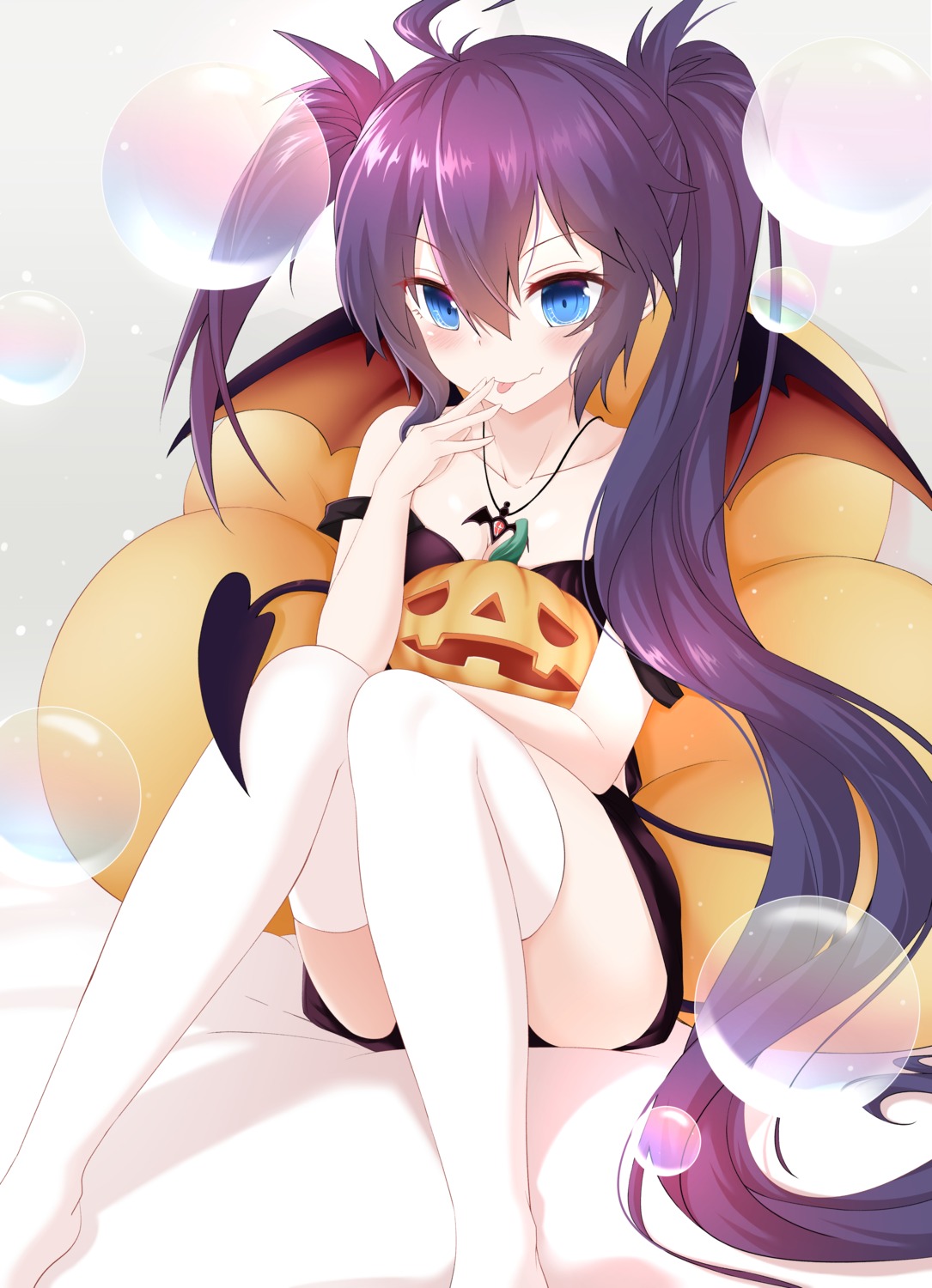 black_rock_shooter, cleavage, halloween, kuroi_mato, oywj, skirt_lift, tail, thighhighs