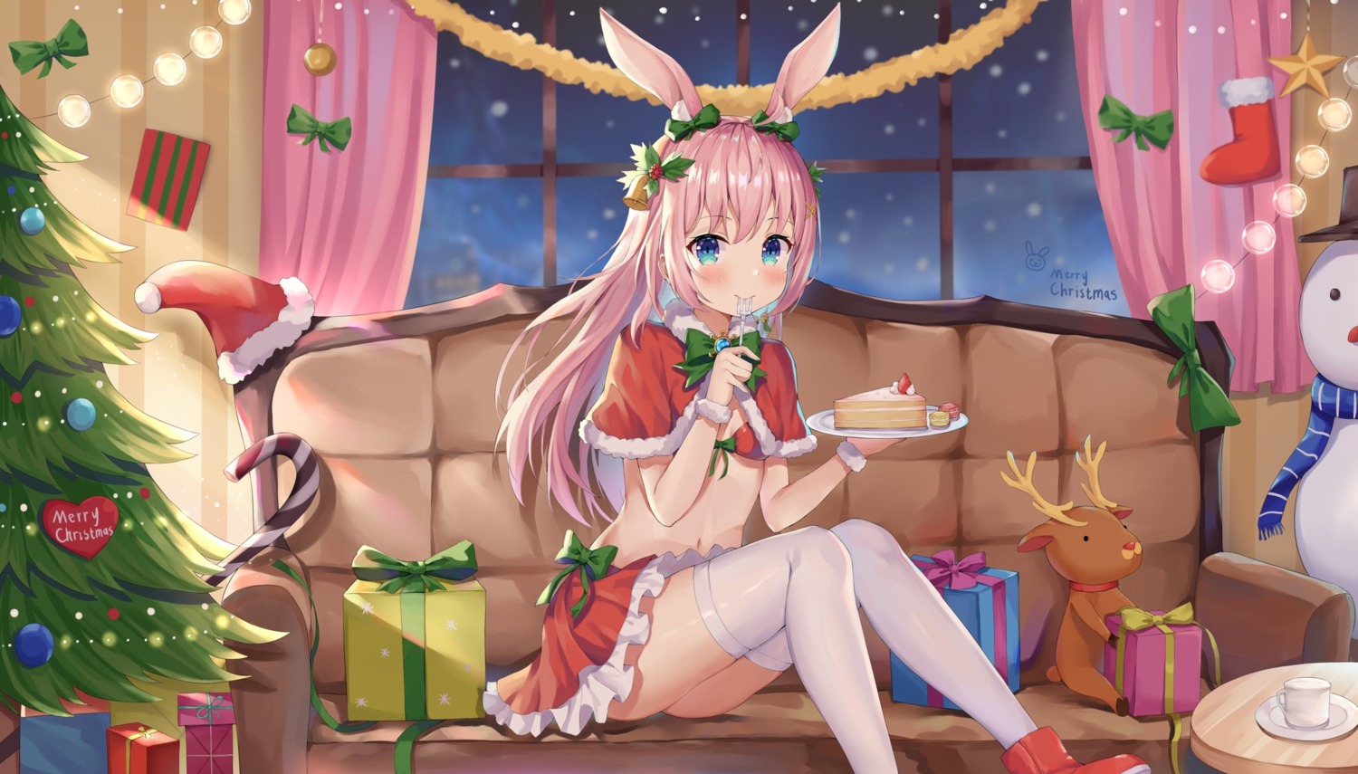 animal_ears, ayana_nana, bikini_top, bunny_ears, christmas, kizuna, skirt_lift, swimsuits, thighhighs