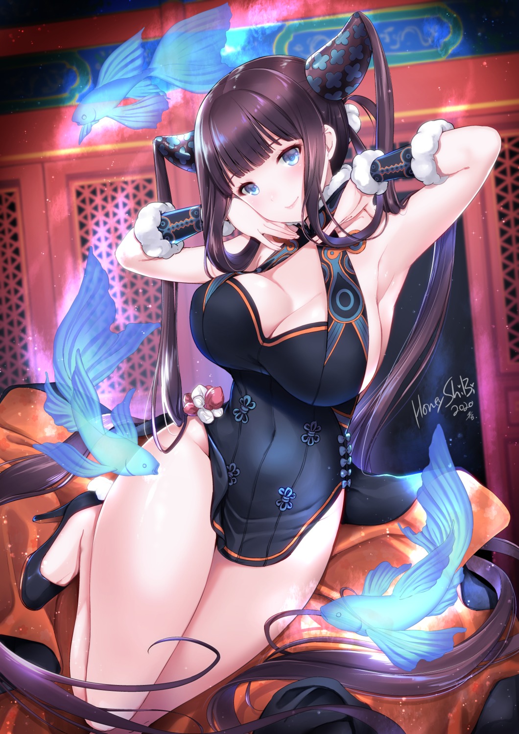 asian_clothes, cleavage, fate/grand_order, heels, horns, no_bra, shibi, yang_yuhuan_(fate)