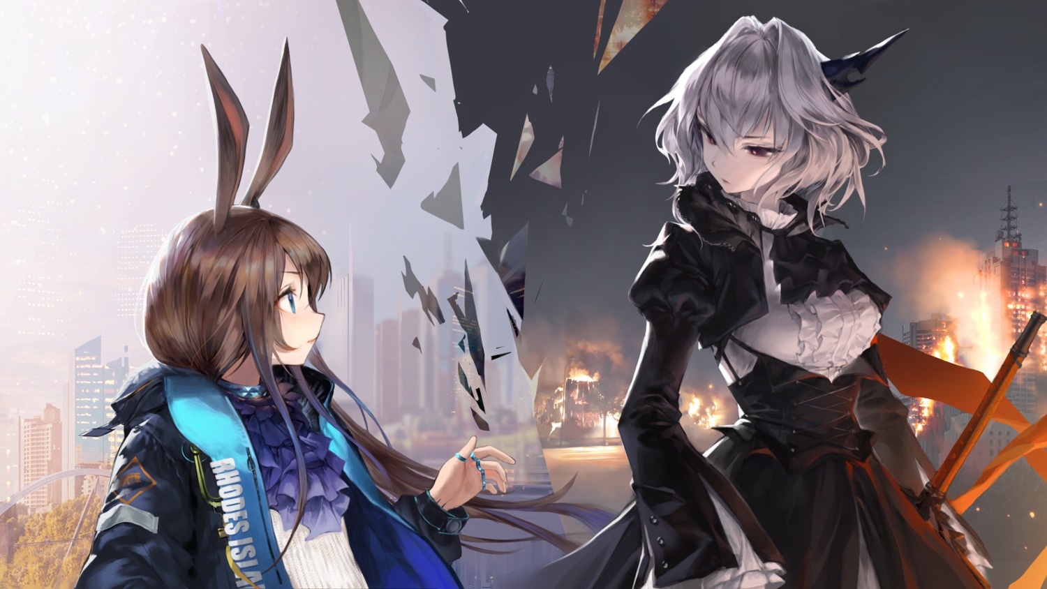 amiya_(arknights), animal_ears, arknights, bunny_ears, charles_(106858), horns, talulah_(arknights)