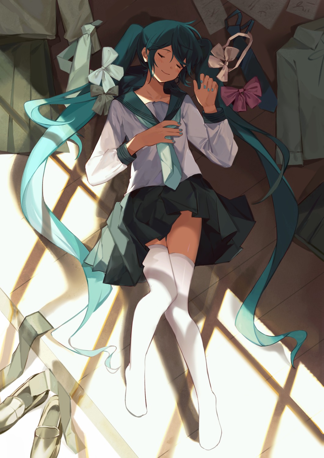 breast_hold, hatsune_miku, seifuku, skirt_lift, thighhighs, vocaloid, yayako_(804907150)
