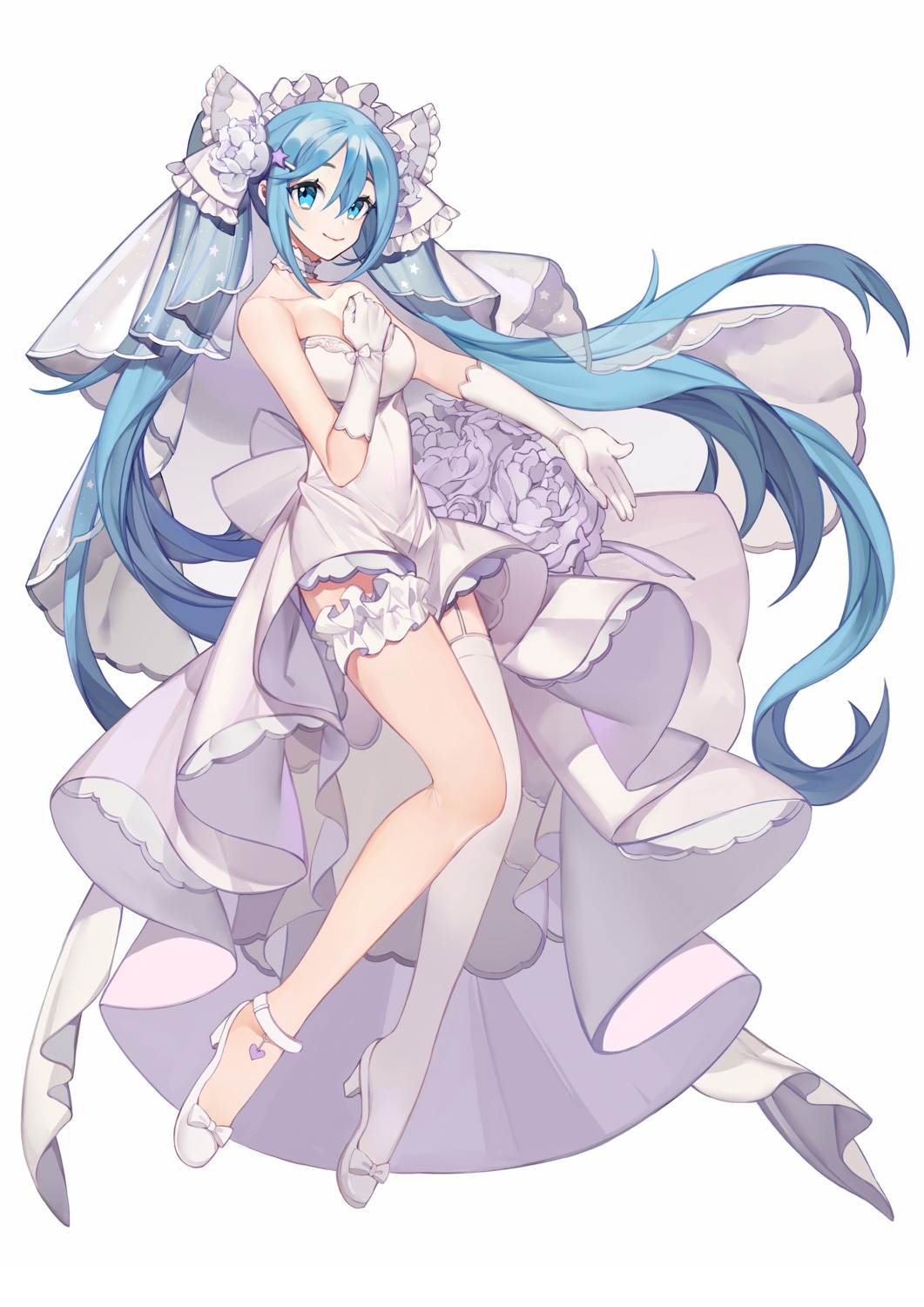 breast_hold, cleavage, dress, garter, hatsune_miku, heels, skirt_lift, stockings