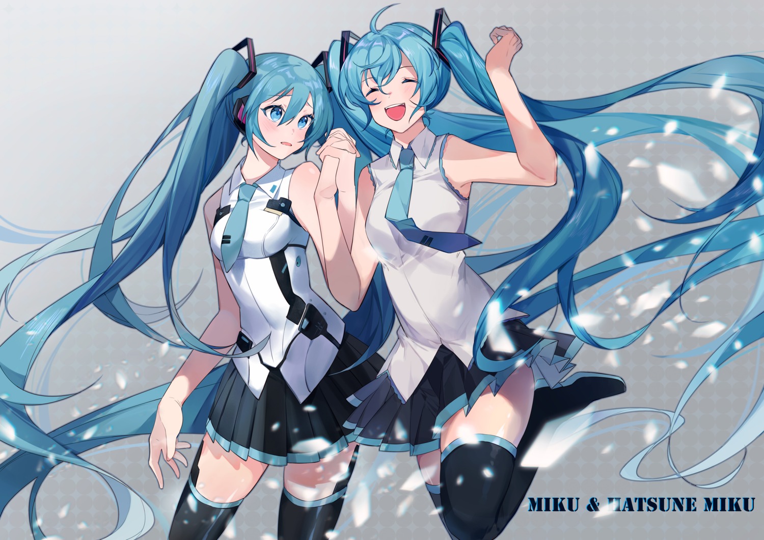 frame_arms_girl, hatsune_miku, headphones, skirt_lift, thighhighs, vocaloid, yayako_(804907150), yuri