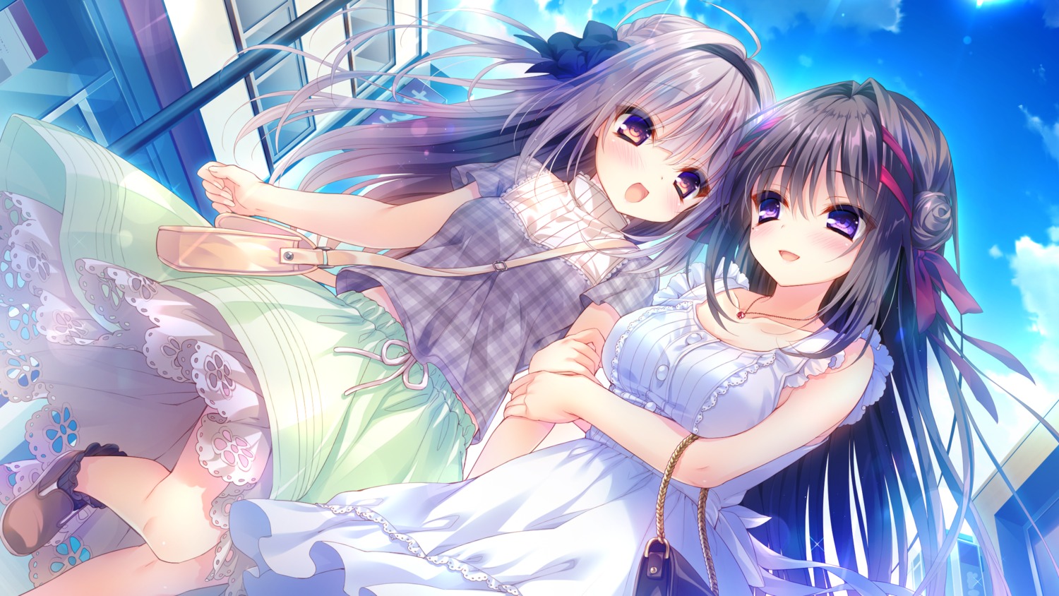 breast_hold, bug_system, dress, game_cg, manakashi_no_yuri_wa_akaku_somaru, rubi-sama, summer_dress, yuri