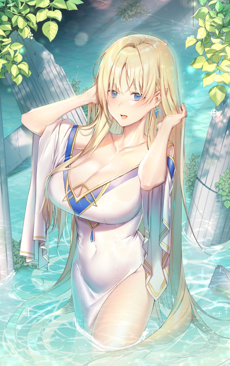 cleavage, dress, myo_ne, no_bra, open_shirt, pointy_ears, see_through, wet, wet_clothes