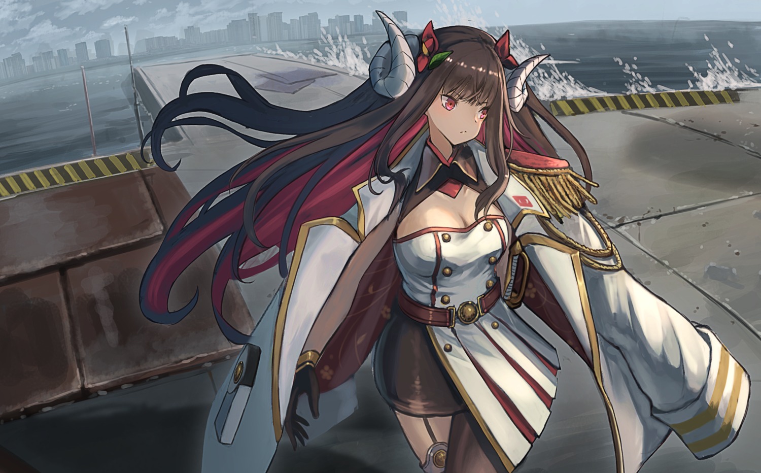 azur_lane, cleavage, horns, stockings, suruga_(azur_lane), thighhighs, uniform, yu_ni_t