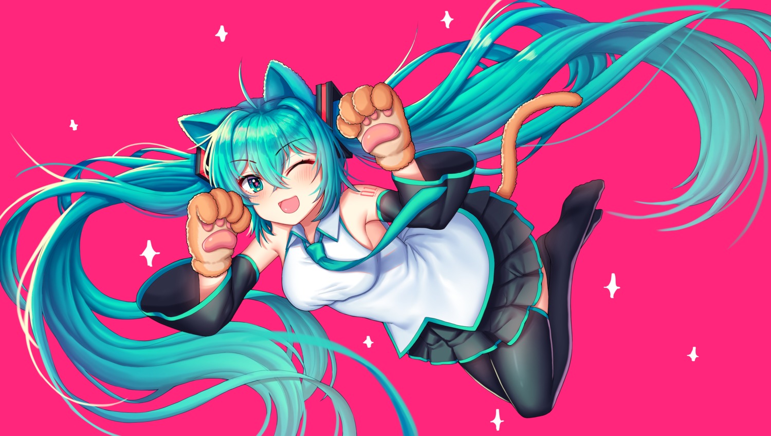 animal_ears, hatsune_miku, kk_(aky2374), nekomimi, tail, tattoo, thighhighs, vocaloid