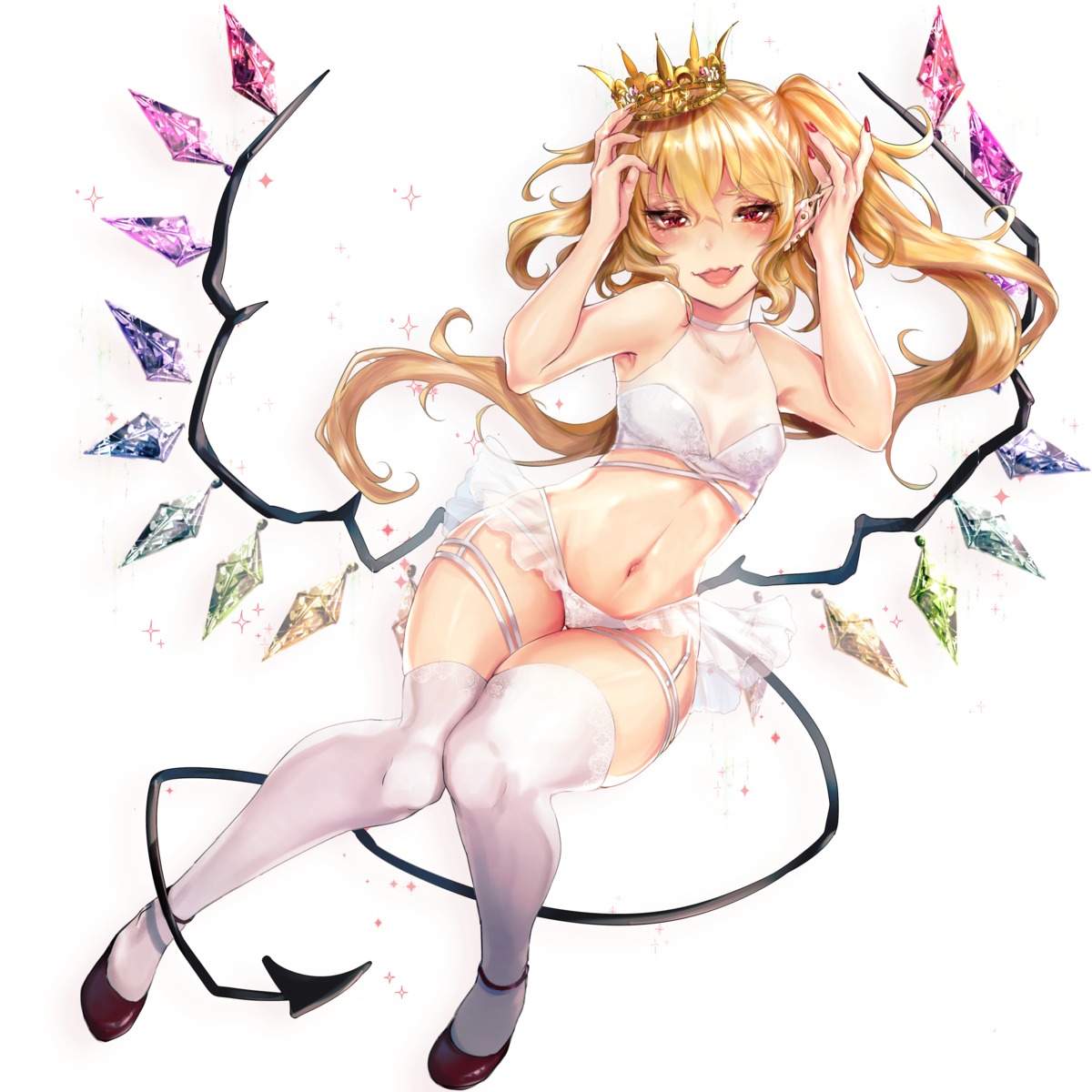bra, flandre_scarlet, garter, kyogoku-uru, lingerie, pantsu, see_through, tail, thighhighs, touhou, wings