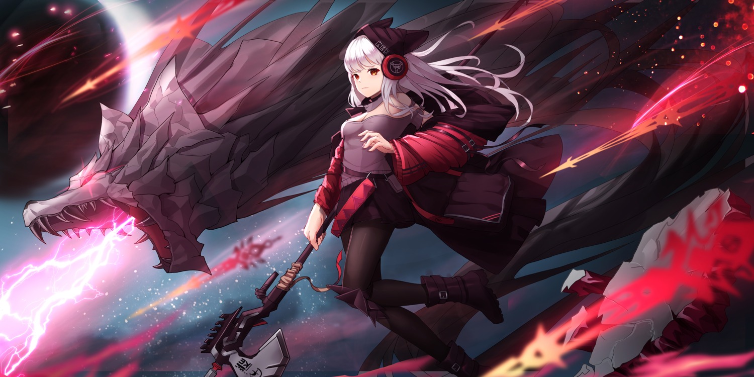 arknights, frostleaf_(arknights), headphones, monster, moyude_wangzi_jiang, pantyhose, weapon