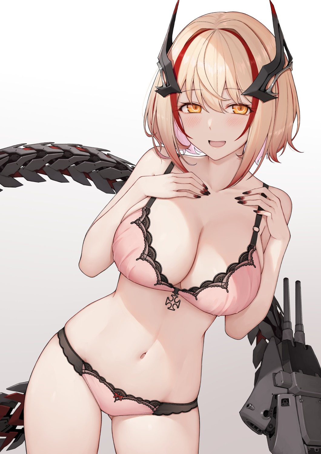 azur_lane, bra, breast_hold, horns, pantsu, roon_(azur_lane), tail, terras