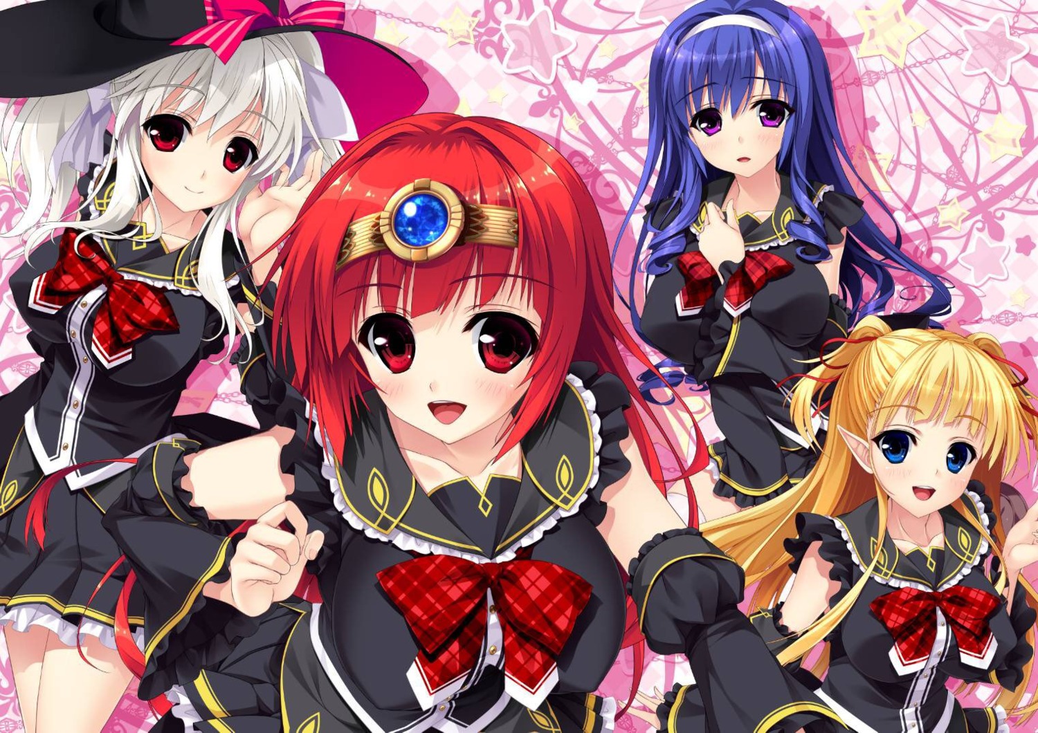 breast_hold, freesia_(parareru_akiba_gakuen), hinamatsuri_touko, panache, parareru_akiba_gakuen, pointy_ears, sapphire_(parareru_akiba_gakuen), scarlet_(parareru_akiba_gakuen)