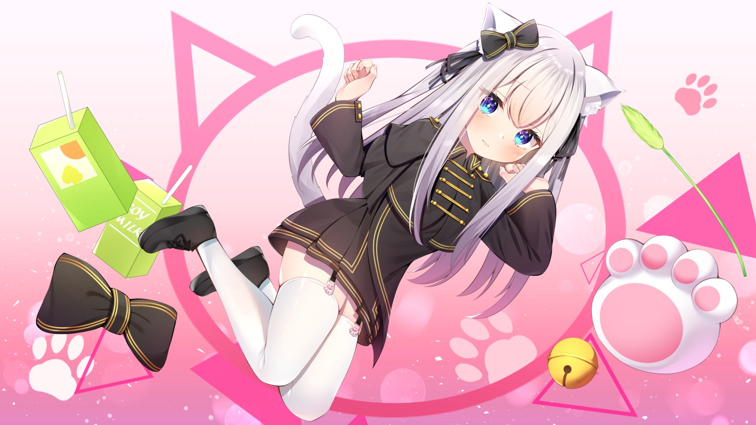 animal_ears, mashiro_yuyu, mashiro_yuyu_channel, nari_(narikashi), nekomimi, stockings, tail, thighhighs, wallpaper
