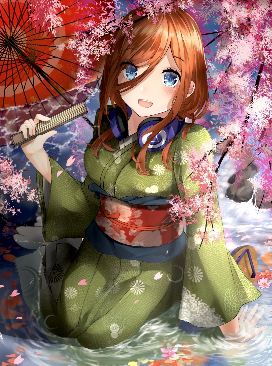 5-toubun_no_hanayome, headphones, kimono, nakano_miku, shiranui_(nisioisin_sinob), wet