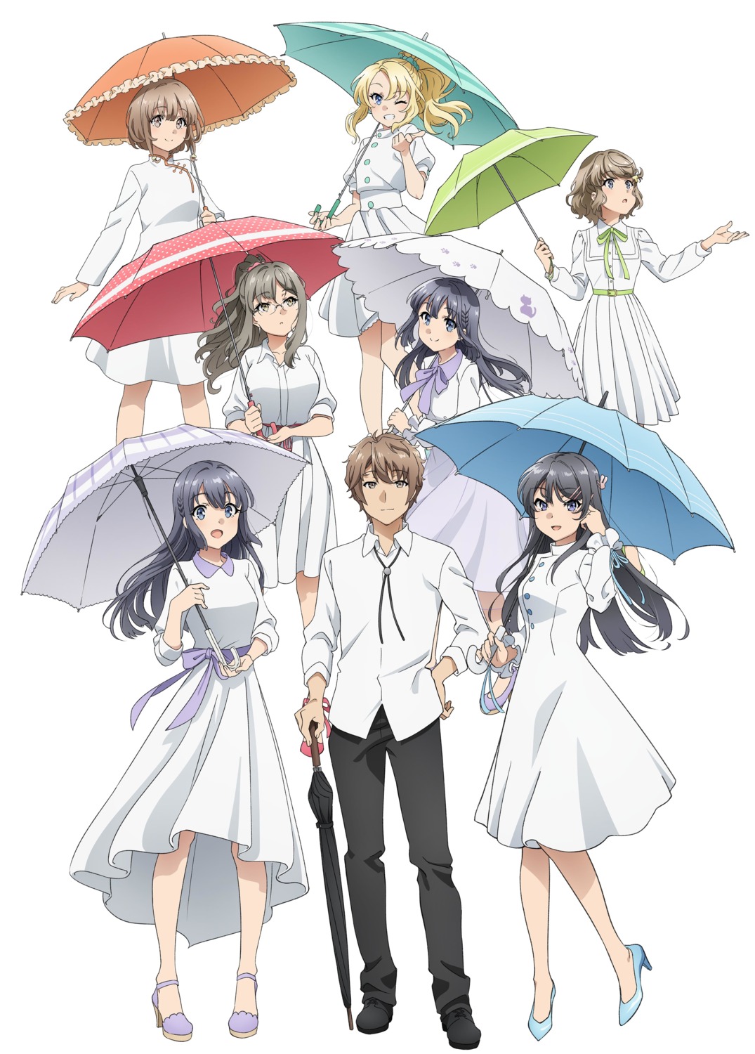 asian_clothes, azusagawa_kaede, azusagawa_sakuta, dress, futaba_rio, heels, koga_tomoe, makinohara_shouko