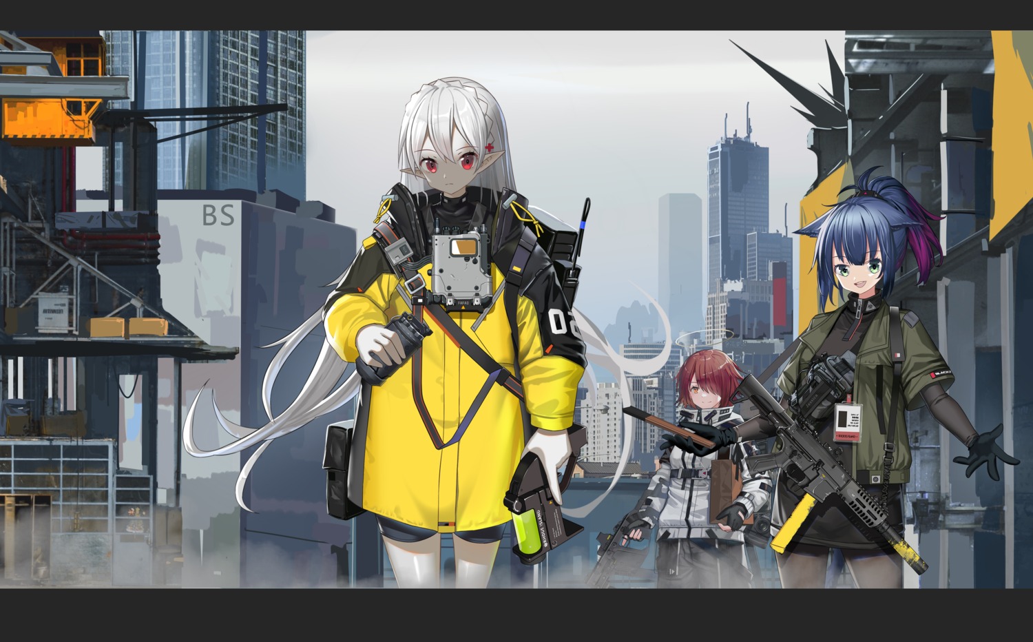 animal_ears, arknights, exusiai_(arknights), gun, hamachi_hazuki, jessica_(arknights), pointy_ears, warfarin_(arknights)