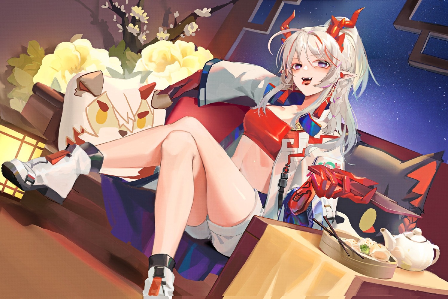 arknights, cleavage, horns, nian_(arknights), open_shirt, pointy_ears, yuden6969