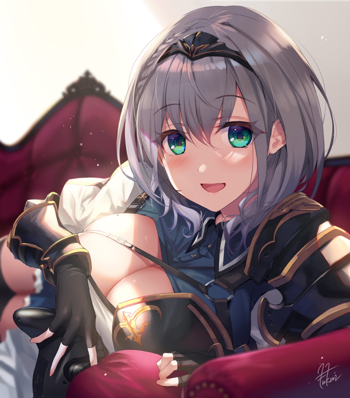armor, breast_hold, fukai_ryosuke, hololive, shirogane_noel, thighhighs