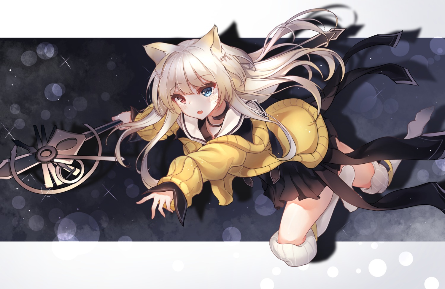 animal_ears, arknights, heterochromia, mecha_(alswp), nightmare_(arknights), seifuku, sweater, thighhighs