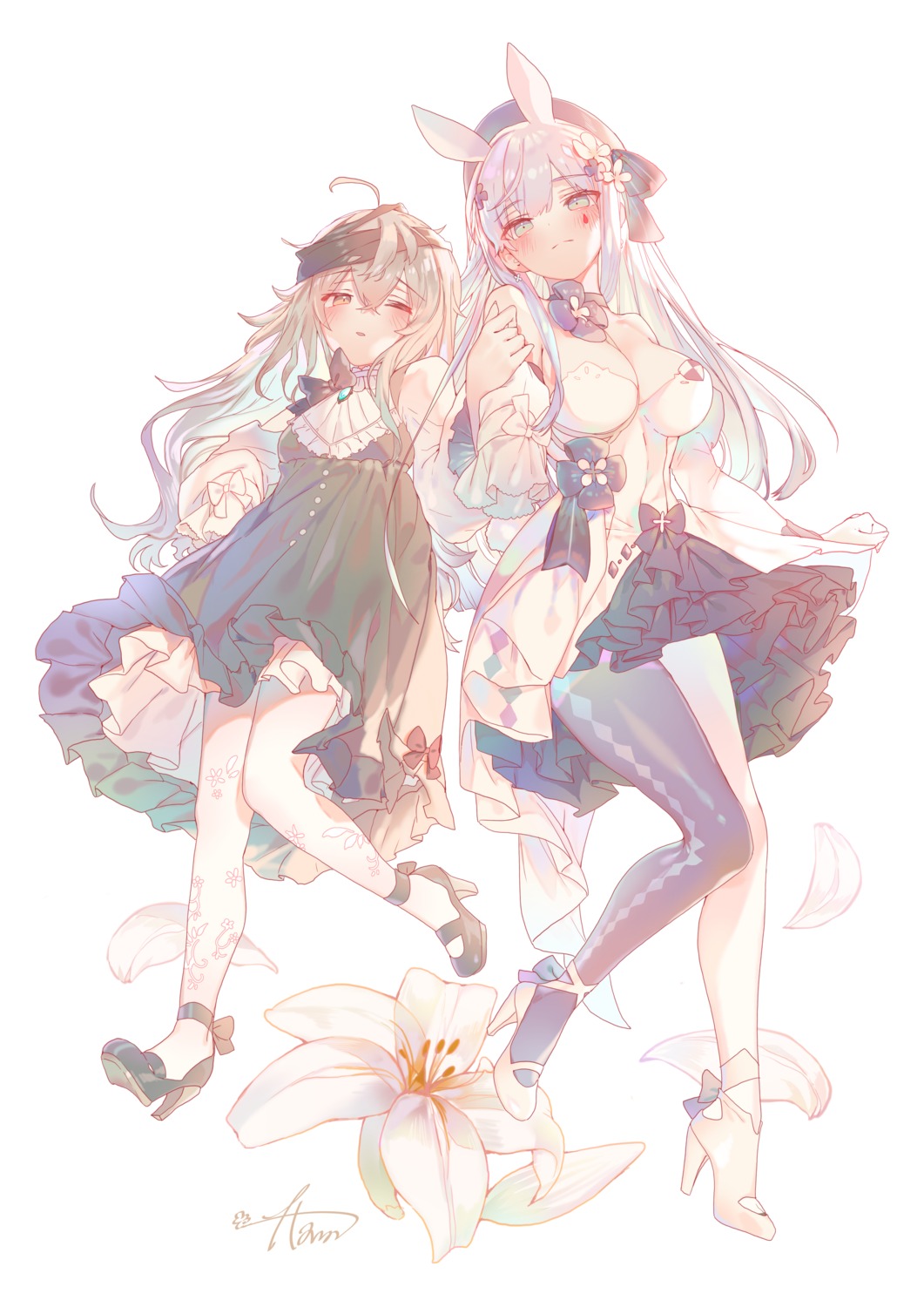 animal_ears, bandages, bunny_ears, dress, g11_(girls_frontline), girls_frontline, heels, hk416_(girls_frontline), no_bra, pantyhose, skirt_lift, tail, tattoo, torano