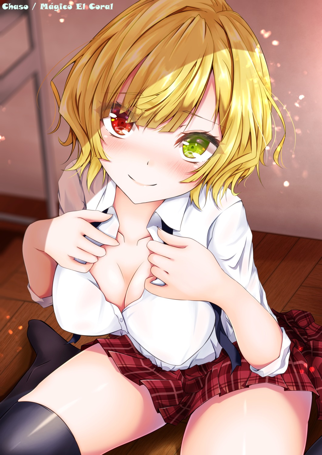 charlotte_(shironeko_project), chaso, cleavage, heterochromia, seifuku, shironeko_project, thighhighs, undressing