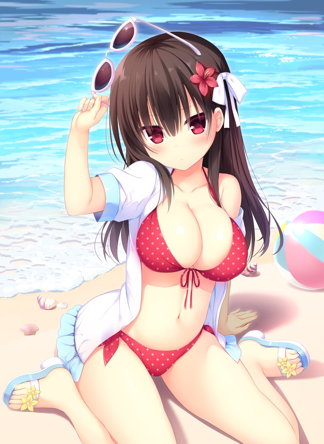 bikini, cleavage, dare_ga_yonda_no!?_~isekai_to_game_tsukuri_to_recruit_shoukan~, heels, megane, minase_akari, open_shirt, swimsuits, utsunomiya_tsumire