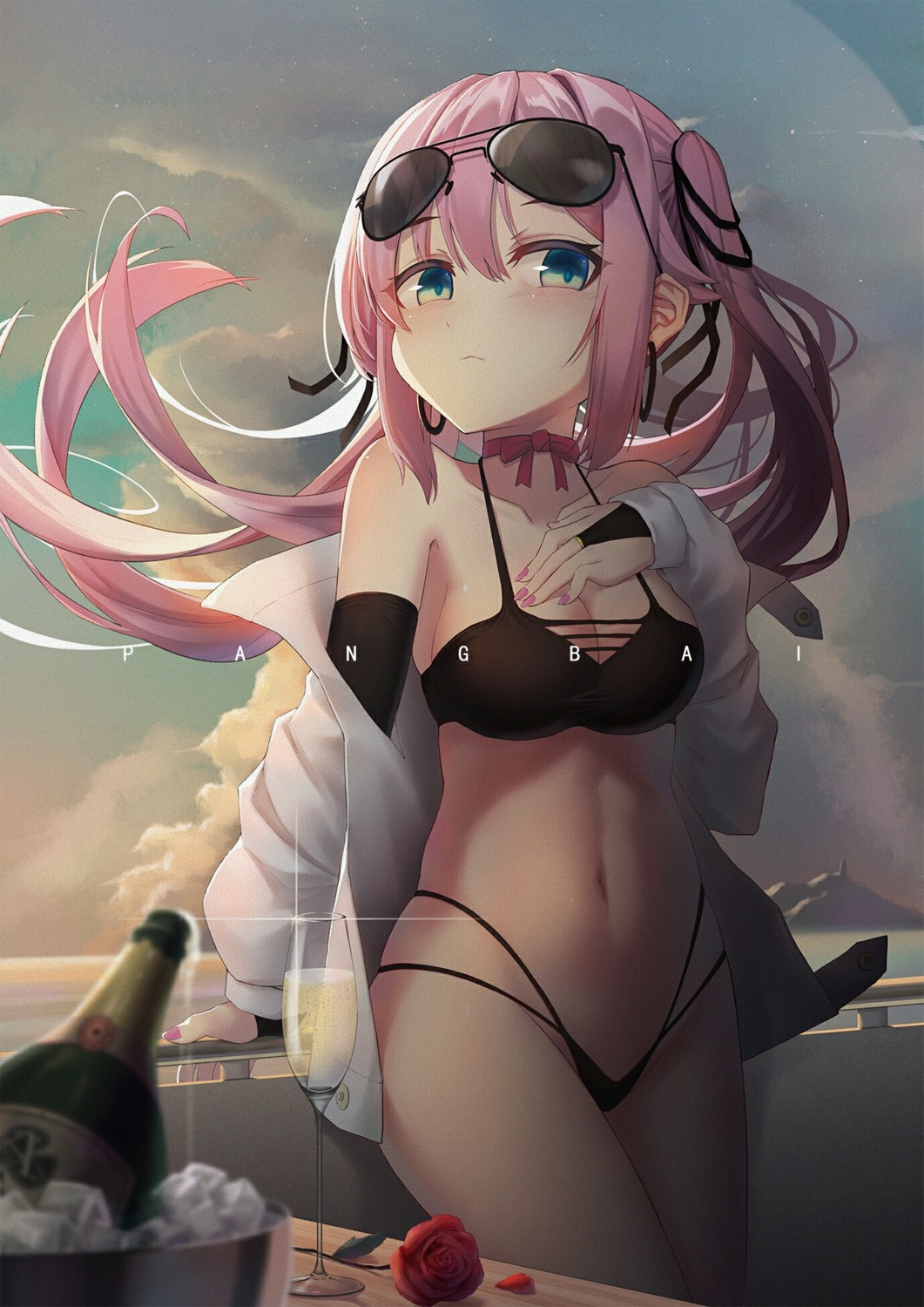 bikini, breast_hold, cleavage, megane, open_shirt, pangbai_666, swimsuits