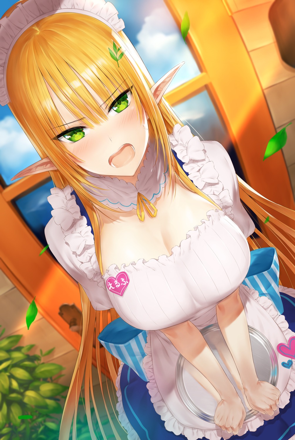 akitaka_akita, cleavage, elf, maid, pointy_ears, waitress