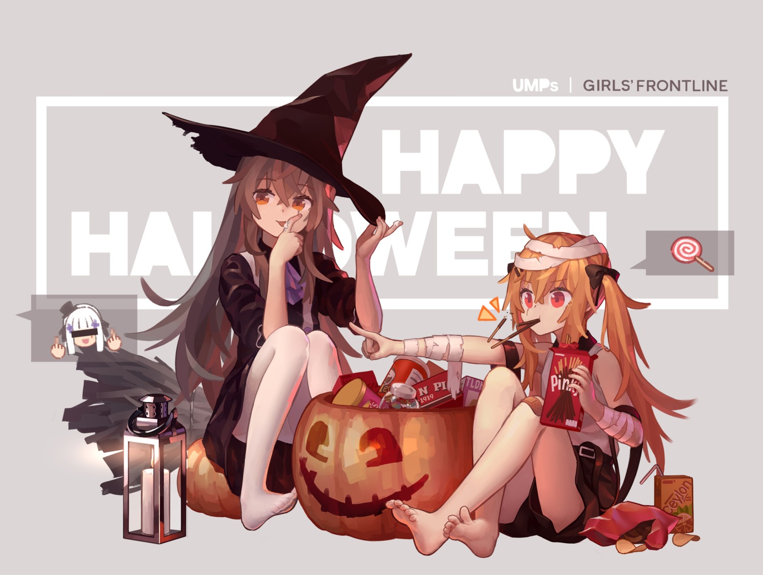 bandages, cream, dress, feet, girls_frontline, halloween, hk416_(girls_frontline), pantyhose, skirt_lift, tianliang_duohe_fangdongye, ump45_(girls_frontline), ump9_(girls_frontline), witch