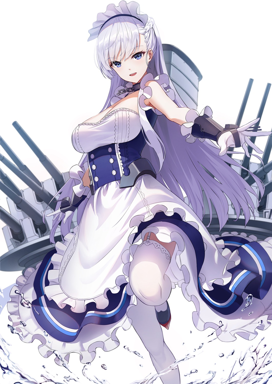 artist_revision, azur_lane, belfast_(azur_lane), maid, sion_(9117), skirt_lift, stockings, thighhighs