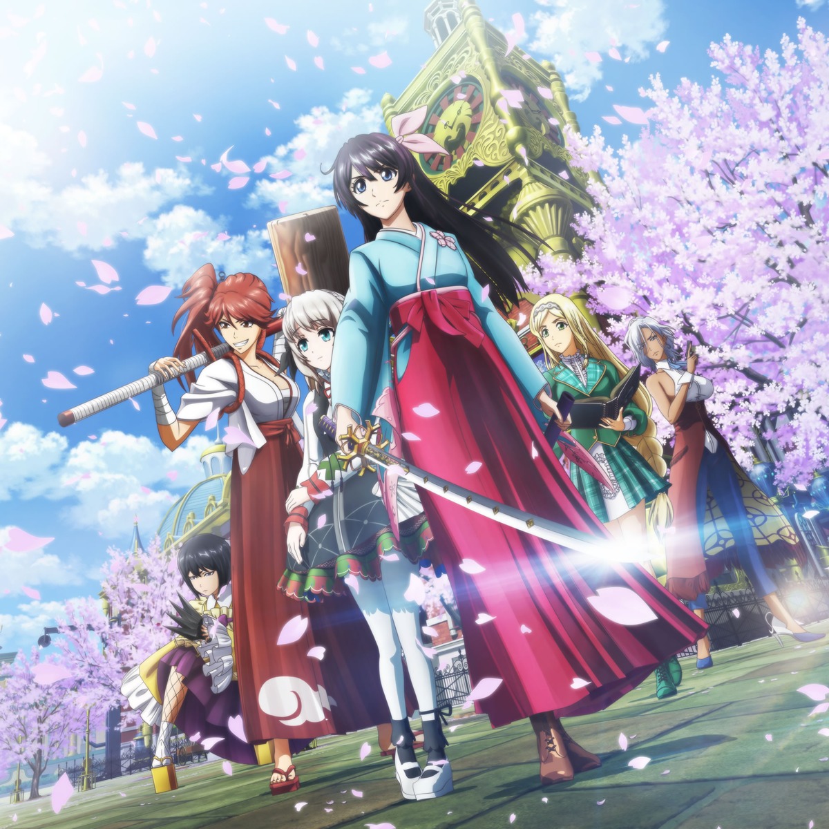 amamiya_sakura_(shin_sakura_taisen), anastasia_palma, bandages, clarissa_snowflake, dress, fishnets, heels, japanese_clothes, miko, mochizuki_azami, open_shirt, sarashi, shin_sakura_taisen, shinonome_hatsuho, skirt_lift, sword, tagme, weapon