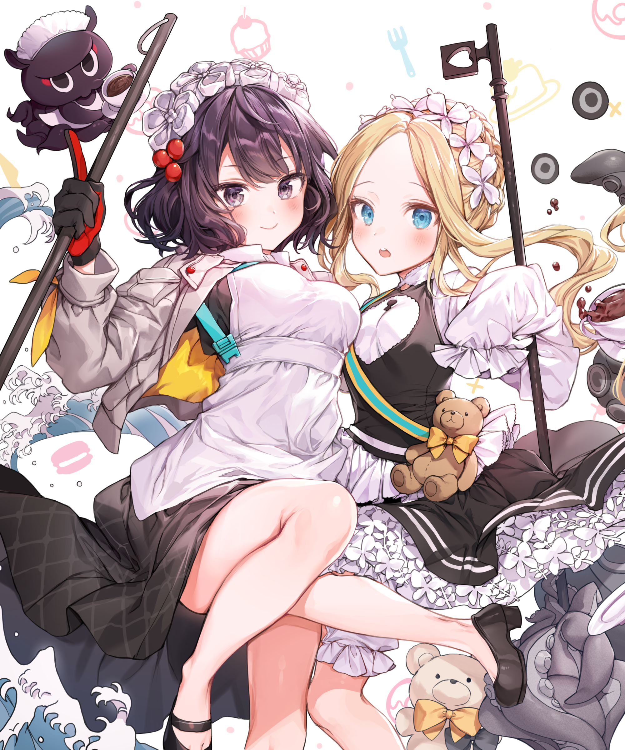 abigail_williams_(fate), bloomers, fate/grand_order, heels, katsushika_hokusai_(fate), maid, pillo, skirt_lift