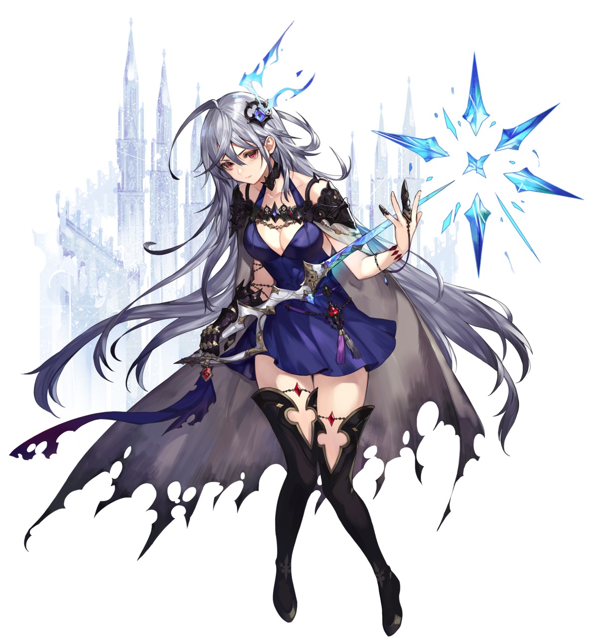 cleavage, dress, elran, sword, thighhighs