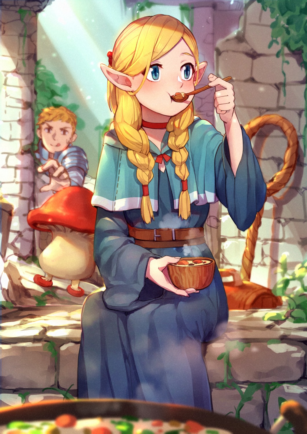 armor, dress, dungeon_meshi, elf, laios_thorden, marcille_donato, mr.lime, pointy_ears