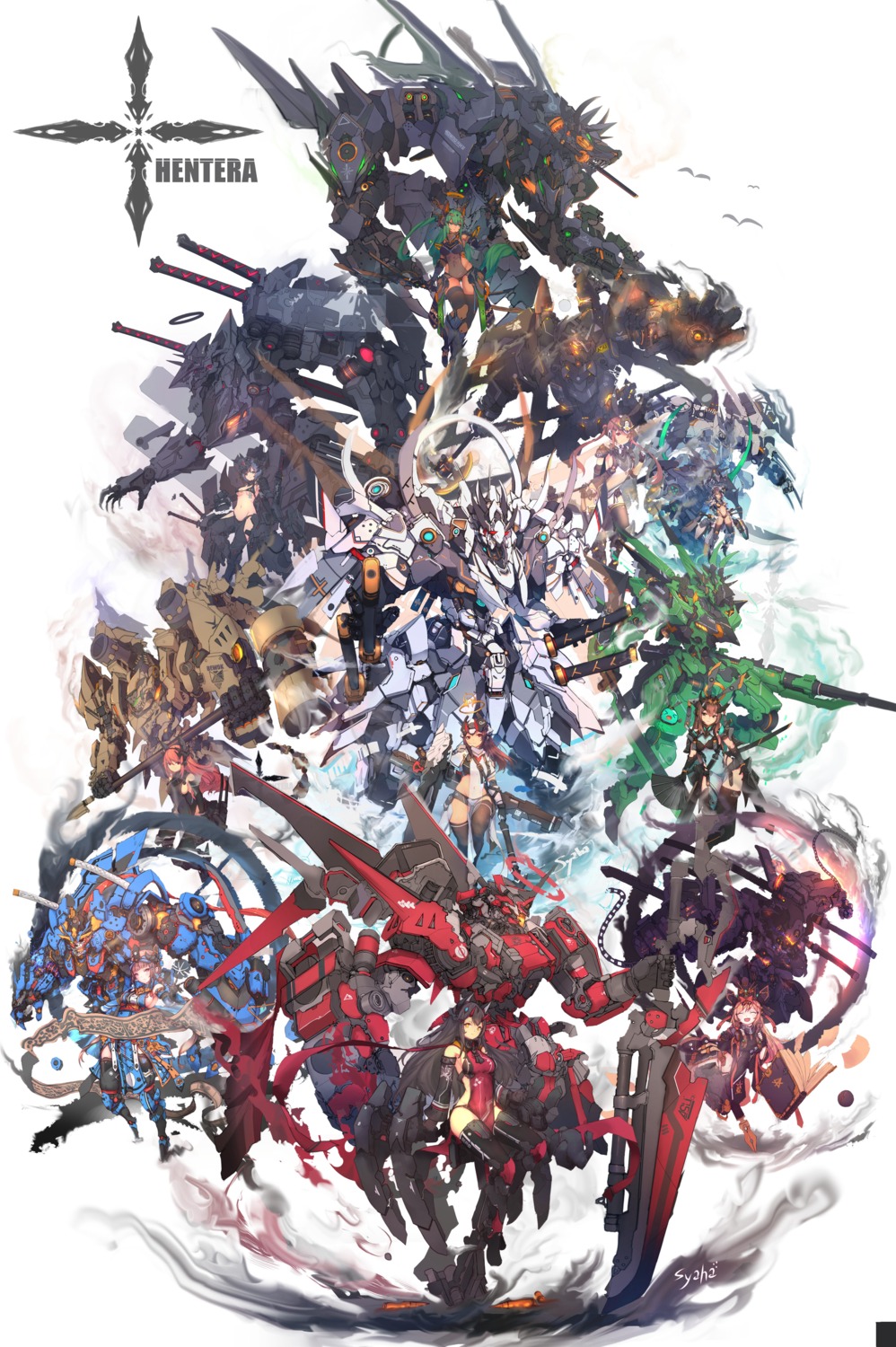 bikini_armor, horns, mecha, sword, syaha, thighhighs