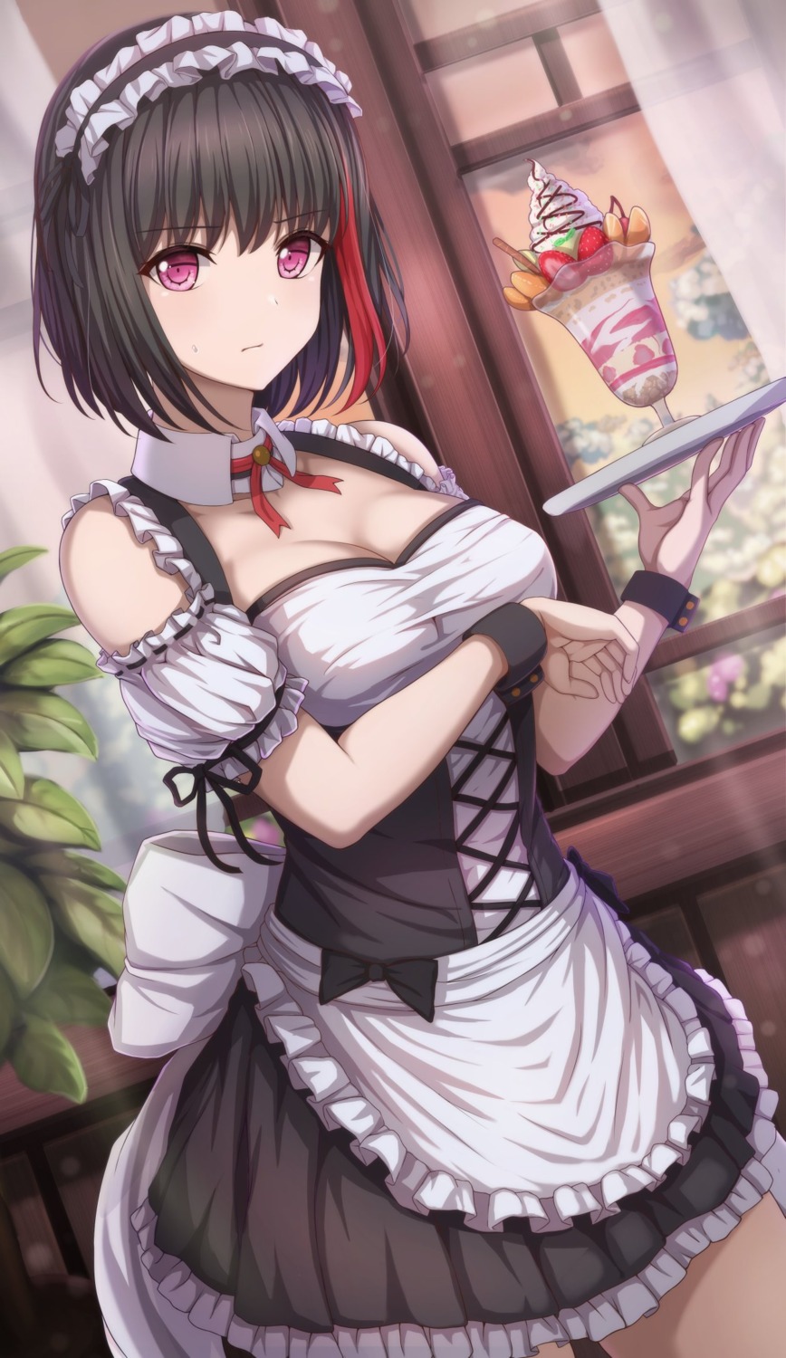 bang_dream!, breast_hold, maid, mitake_ran, narafume, waitress