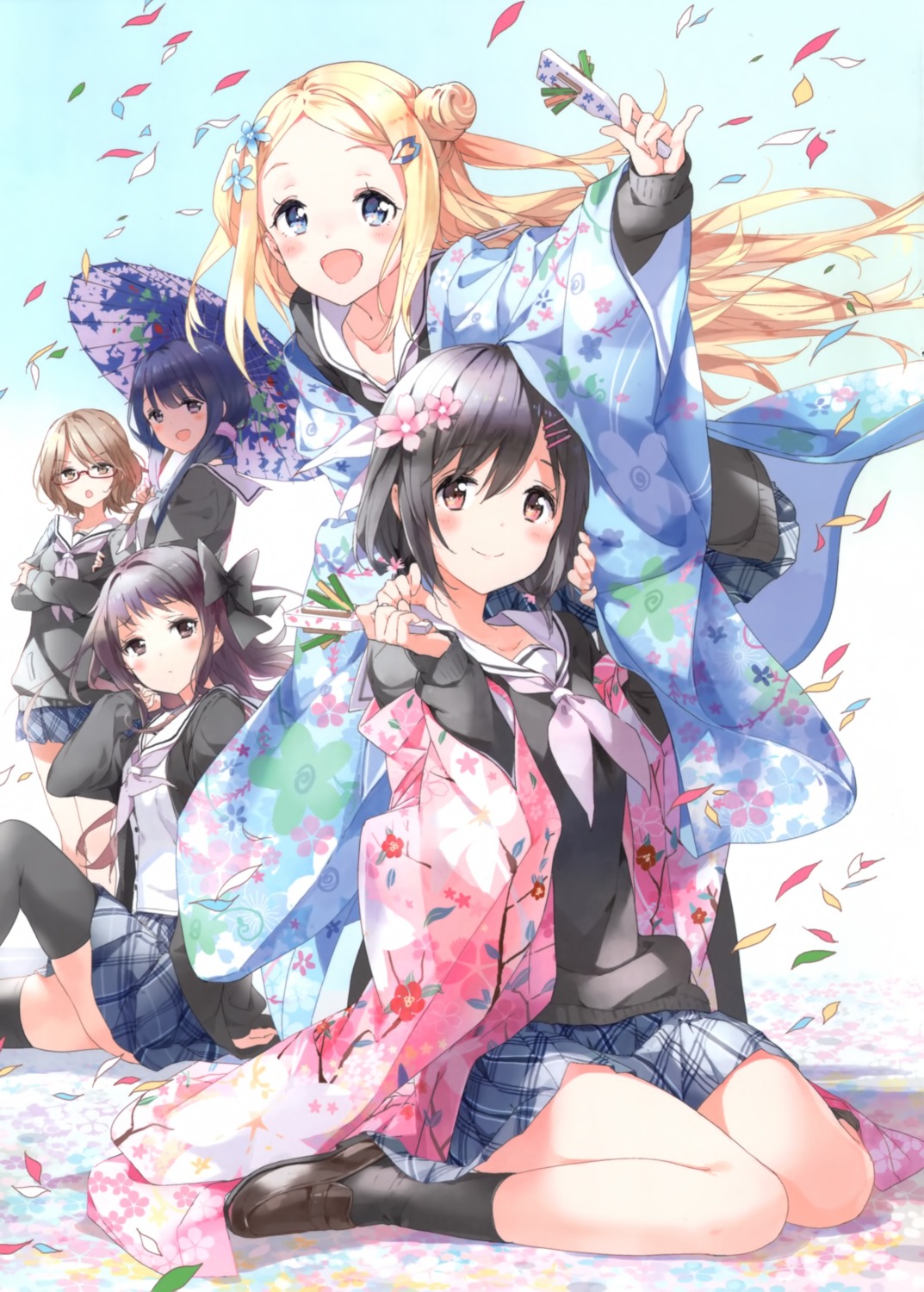 atelier_tiv_artworks, hana_n._fontainestand, hanayamata, japanese_clothes, megane, nishimikado_tami, sasame_yaya, seifuku, sekiya_naru, sweater, thighhighs, tiv, tokiwa_machi