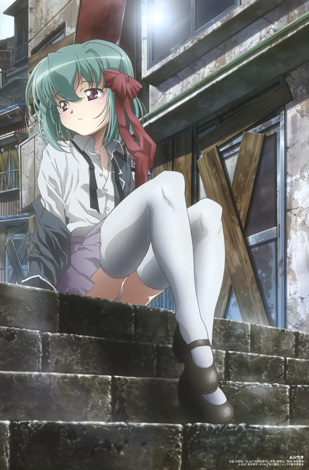 anmoto_shiika, ishino_satoshi, mushi_uta, open_shirt, pantsu, seifuku, thighhighs