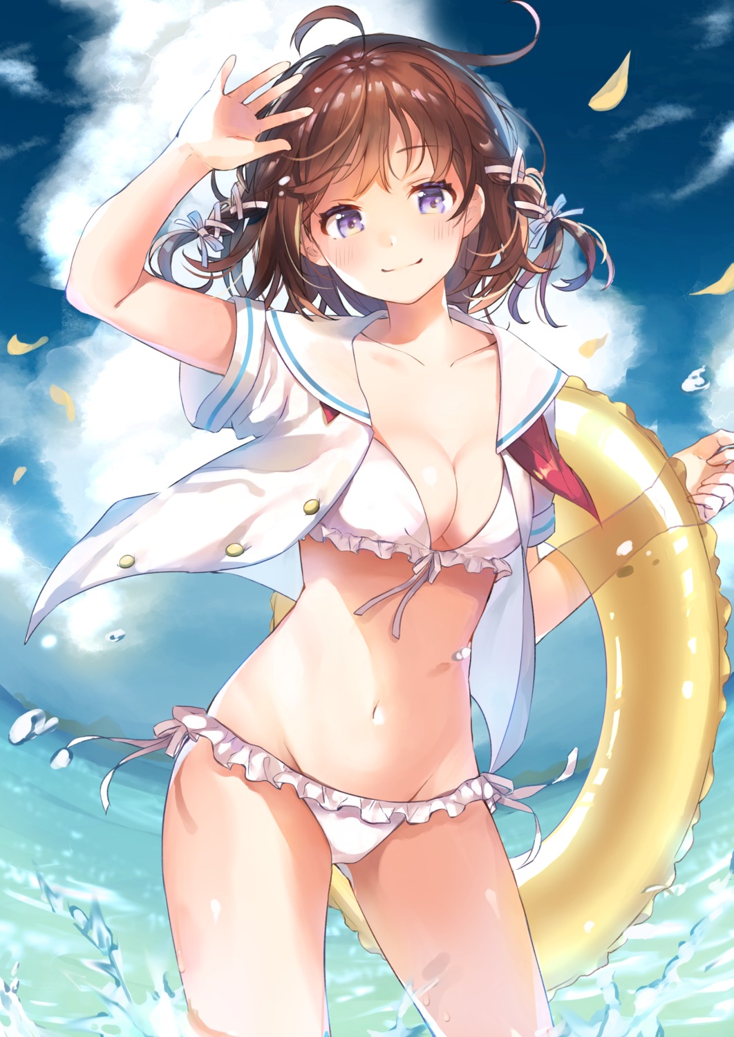 bikini, cleavage, mafuyu_shima, open_shirt, seifuku, swimsuits, wet