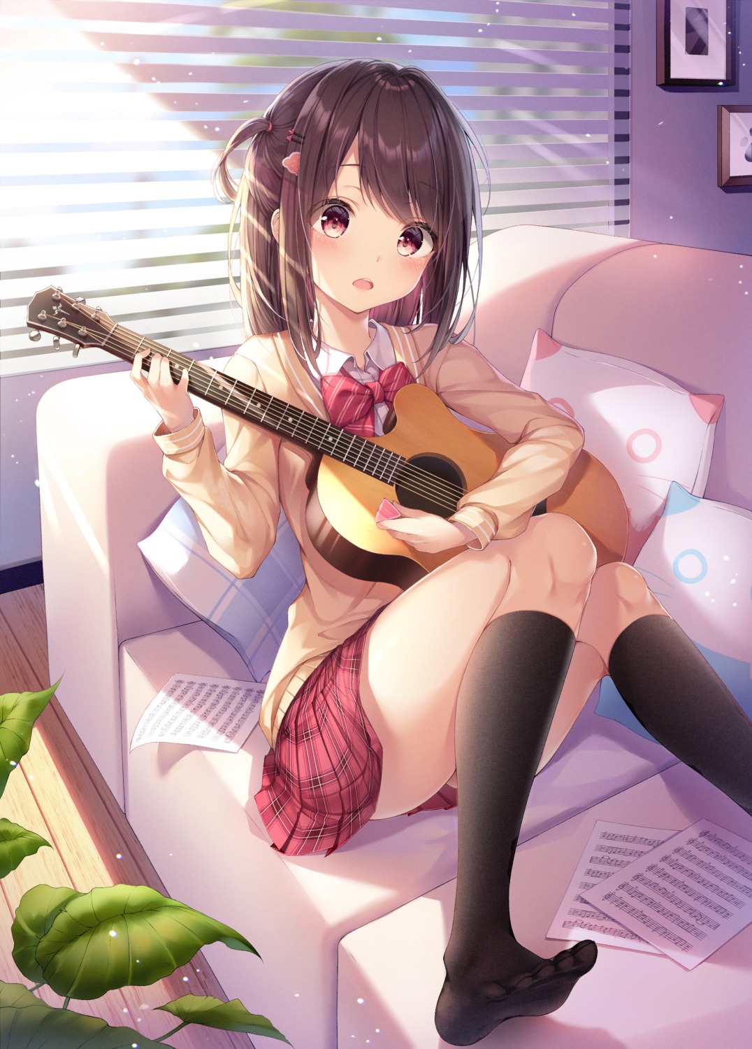 dangmyo, guitar, seifuku, skirt_lift, sweater