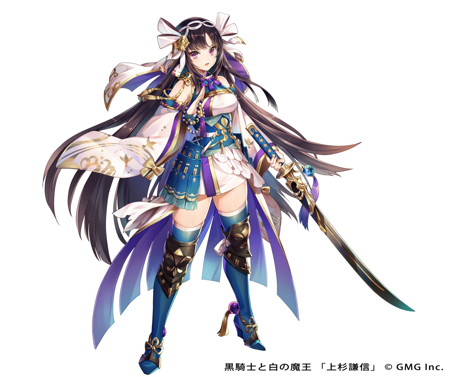 armor, heels, japanese_clothes, kurokishi_to_shiro_no_maou, nemusuke, sword, thighhighs