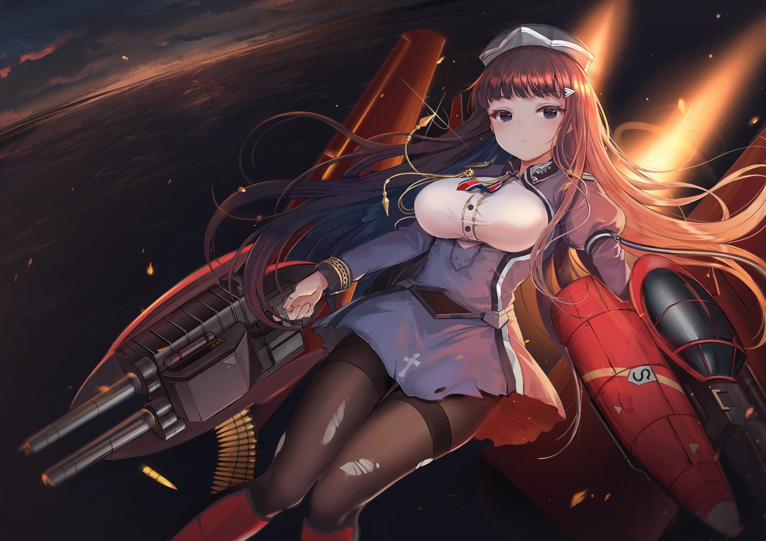 ash_arms, luzzi_(milllim), pantyhose, torn_clothes, uniform, weapon