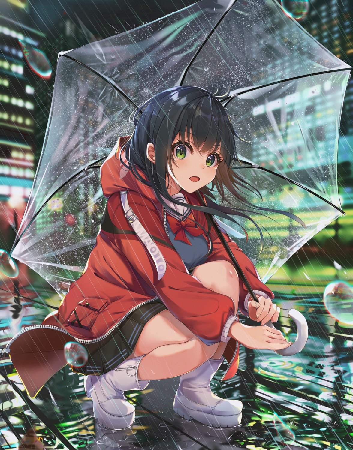 kurokuro_illust, seifuku, sweater, umbrella, wet