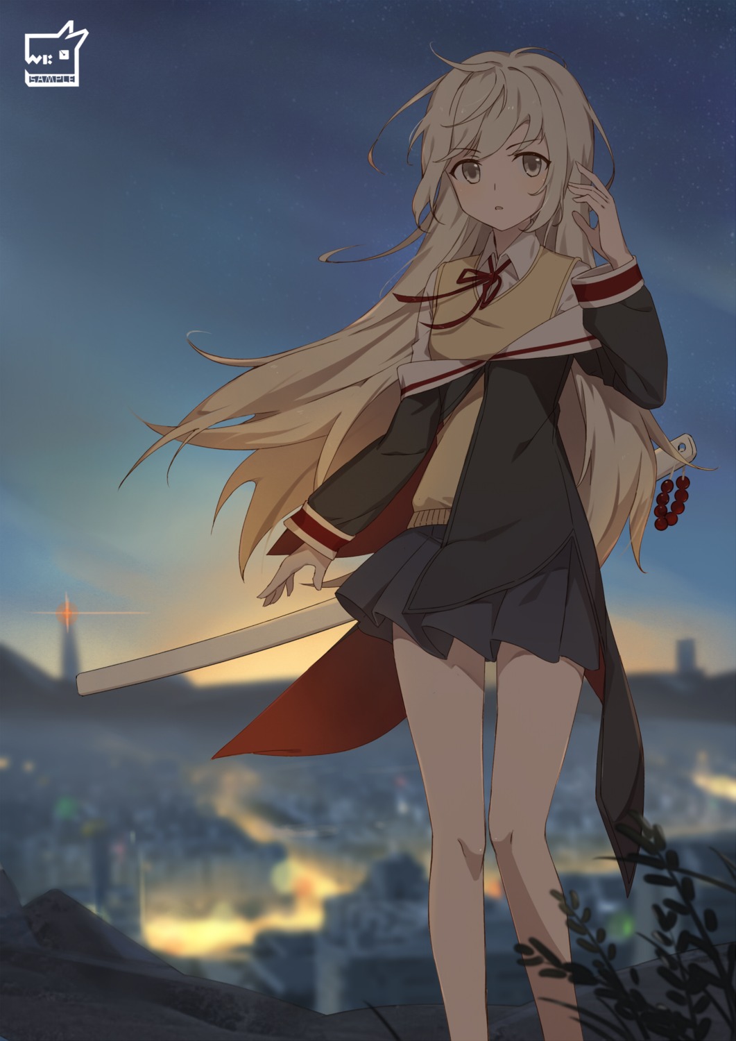 hiroshiko_(restart), sample, seifuku, skirt_lift, sweater, sword