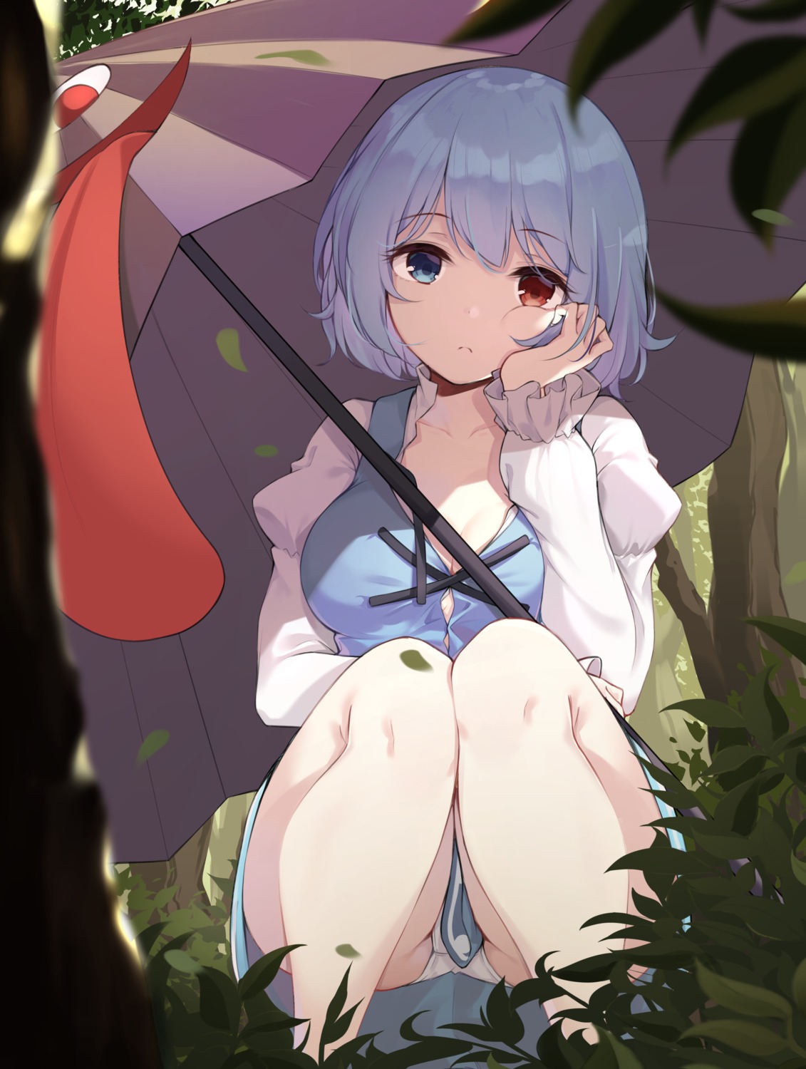 breast_hold, cleavage, dress, heterochromia, pantsu, skirt_lift, tatara_kogasa, touhou