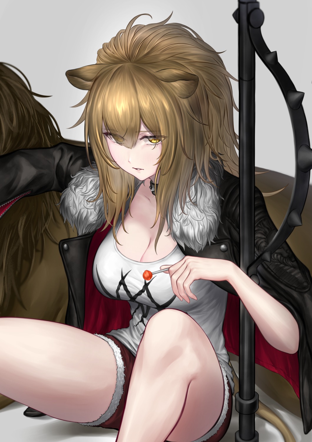 animal_ears, arknights, cleavage, monegi, siege_(arknights), tail, weapon