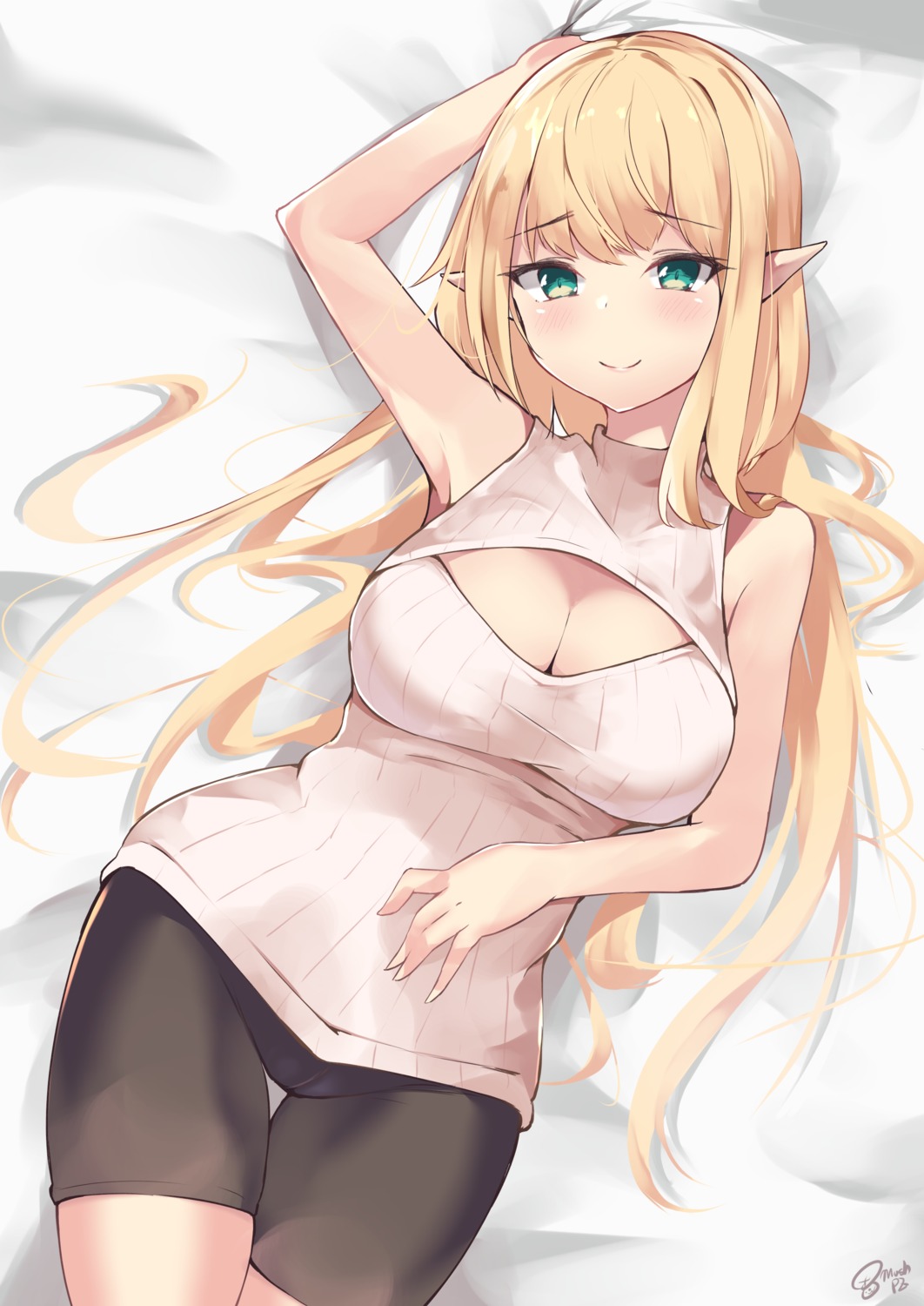 bike_shorts, cleavage, elf, mushpz, pointy_ears, sweater
