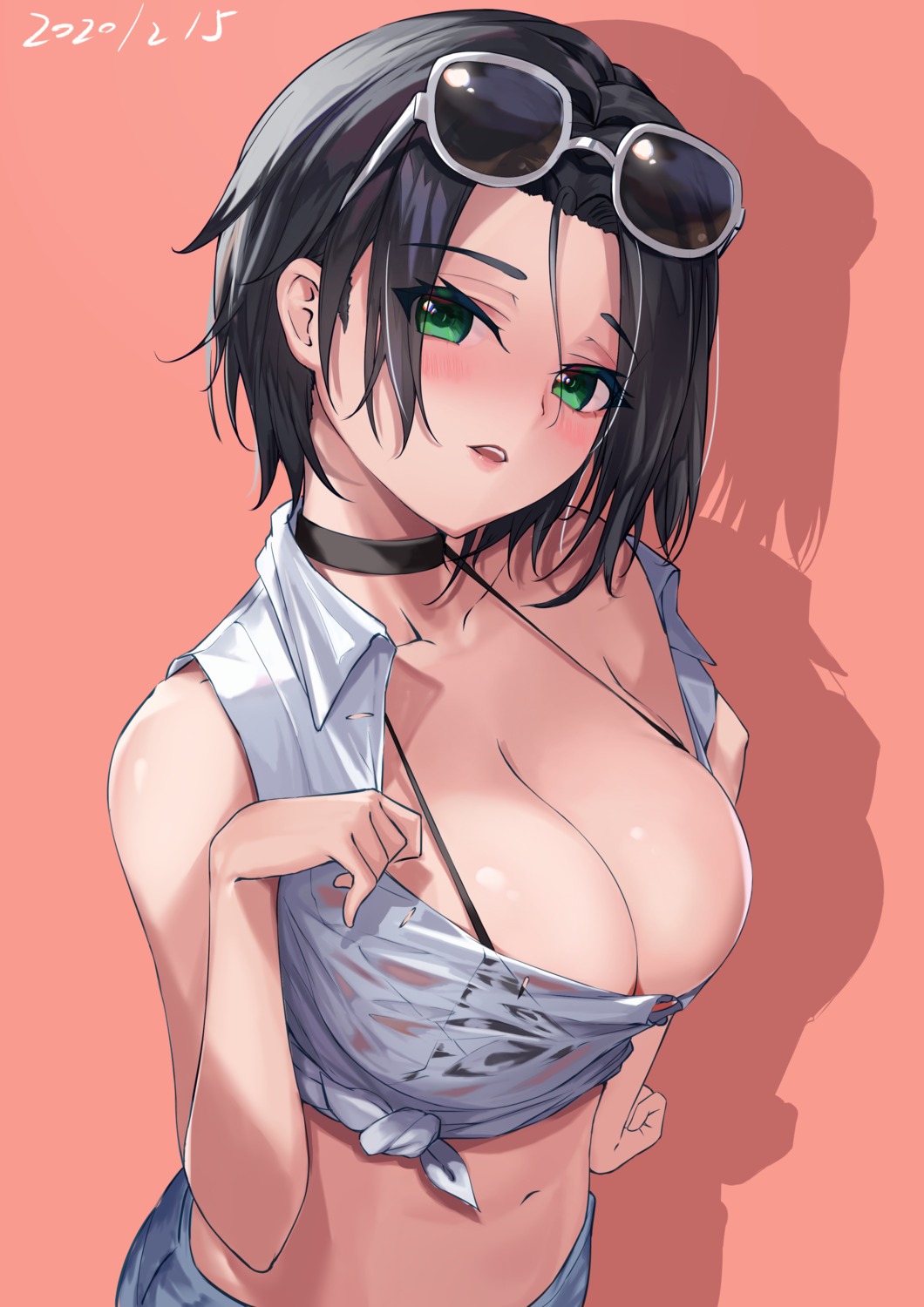bikini_top, cleavage, lj2000, megane, open_shirt, see_through, shirt_lift, swimsuits, undressing, wet_clothes