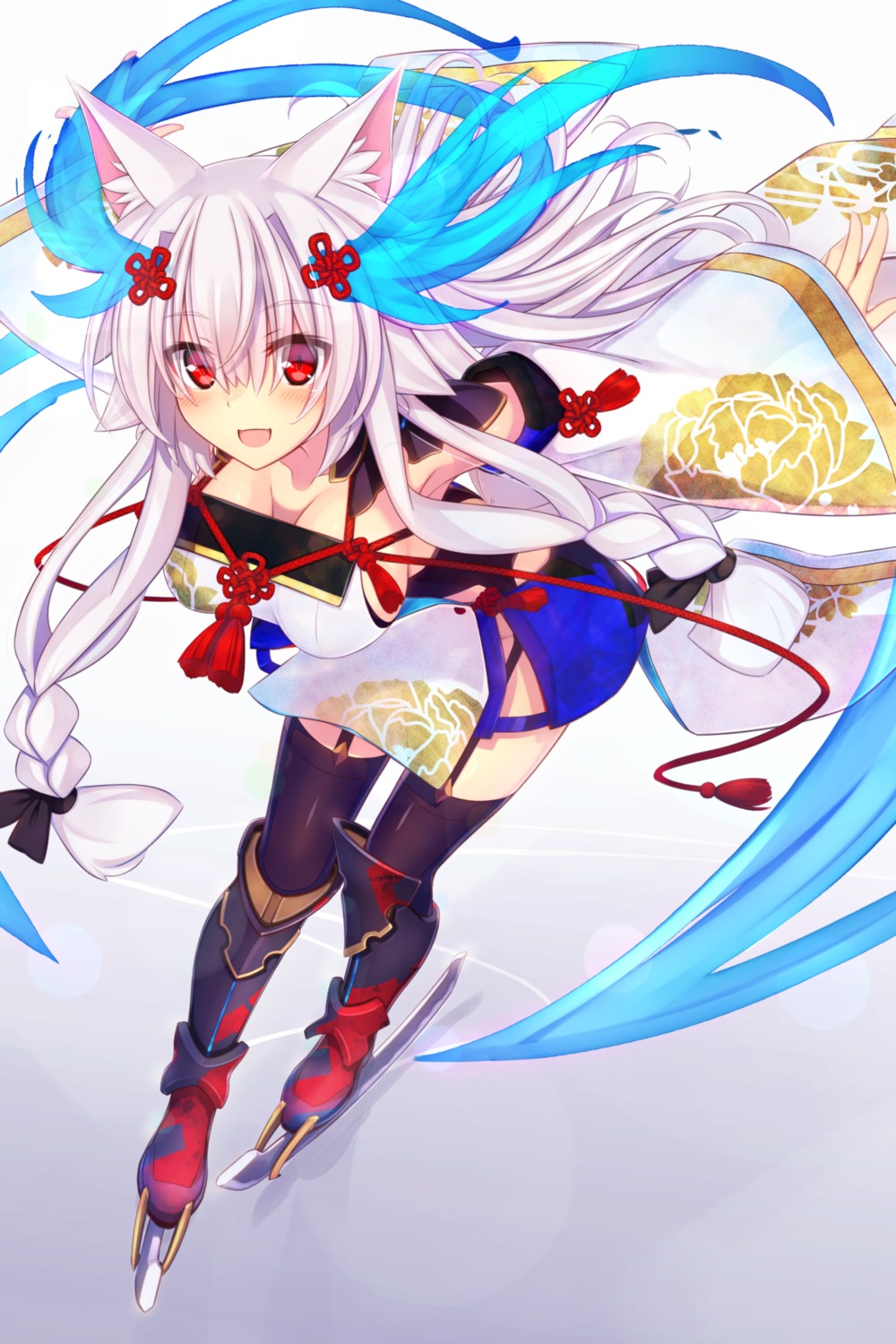 animal_ears, ice_skating, japanese_clothes, kitsune, murasame_shia, stockings, thighhighs