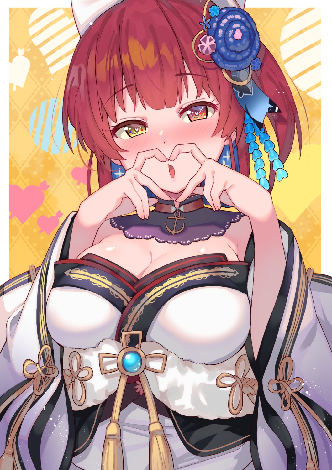 cleavage, heterochromia, hololive, houshou_marine, japanese_clothes, tonari_no_kai_keruberosu